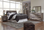 Two-drawer night stand with gray wood-look panels and two bar-handled drawers.