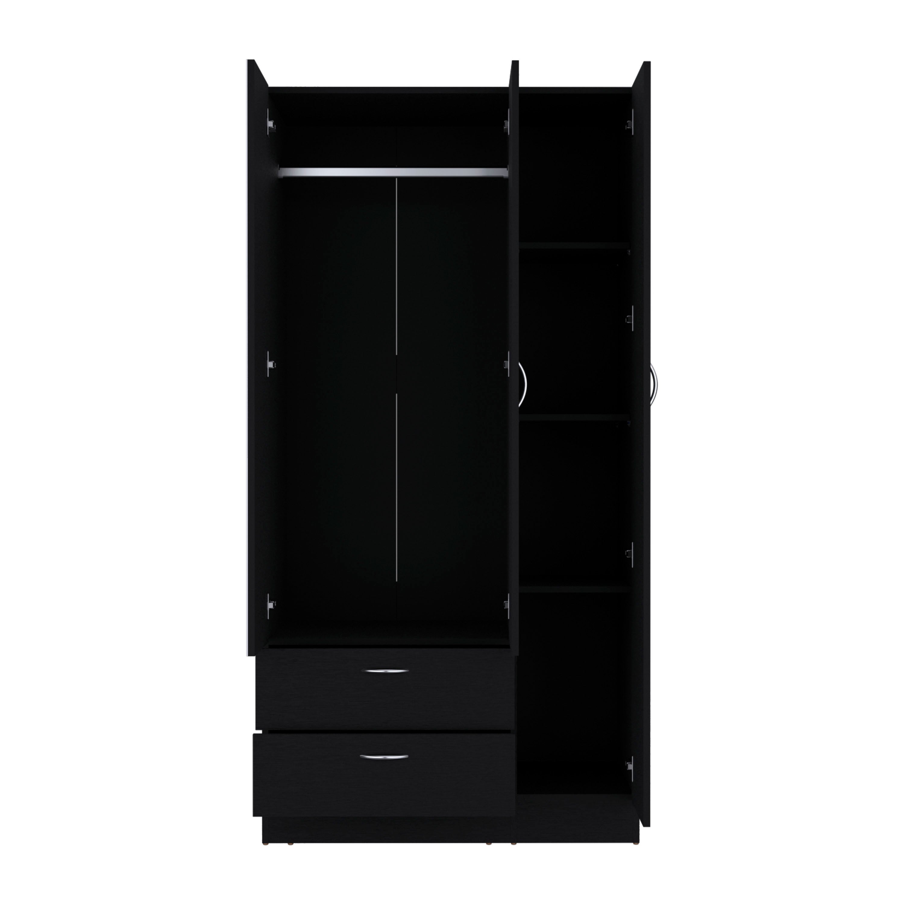 Black Wardrobe 3 Doors Mirror 2 Drawers Shelves