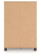 Brown dressing chest with two closed cabinet doors and raised panel detailing
