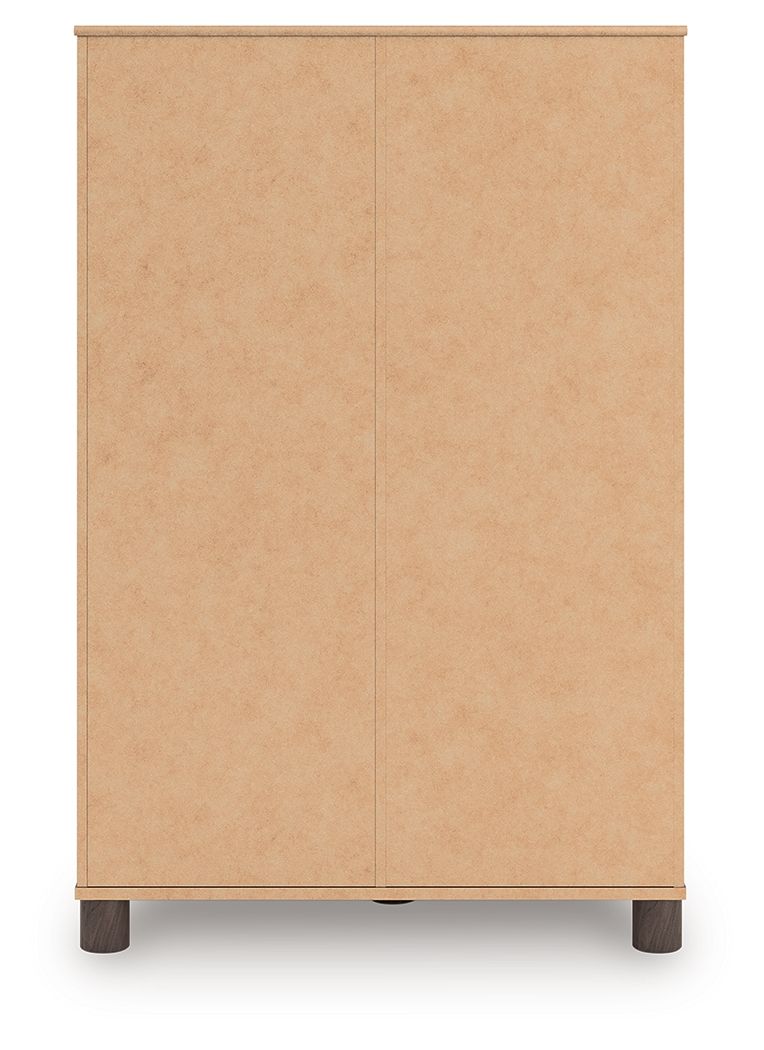 Brown dressing chest with two closed cabinet doors and raised panel detailing