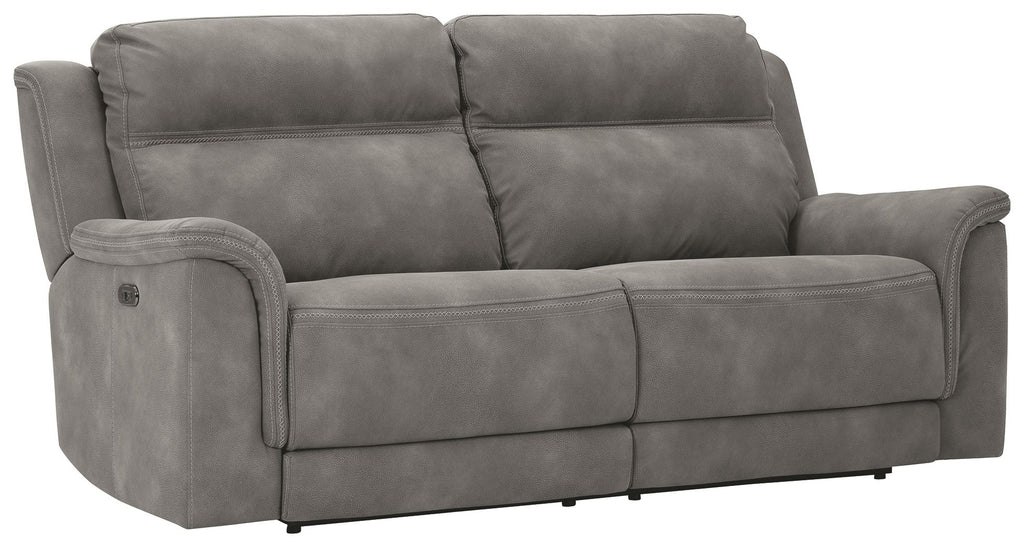 Power reclining sofa, dark slate gray upholstery, tufted back cushions and padded arms