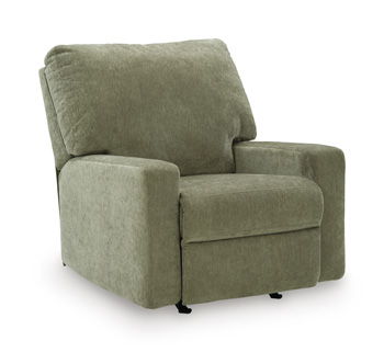 Green rocker recliner chair with cushioned arms and attached headrest