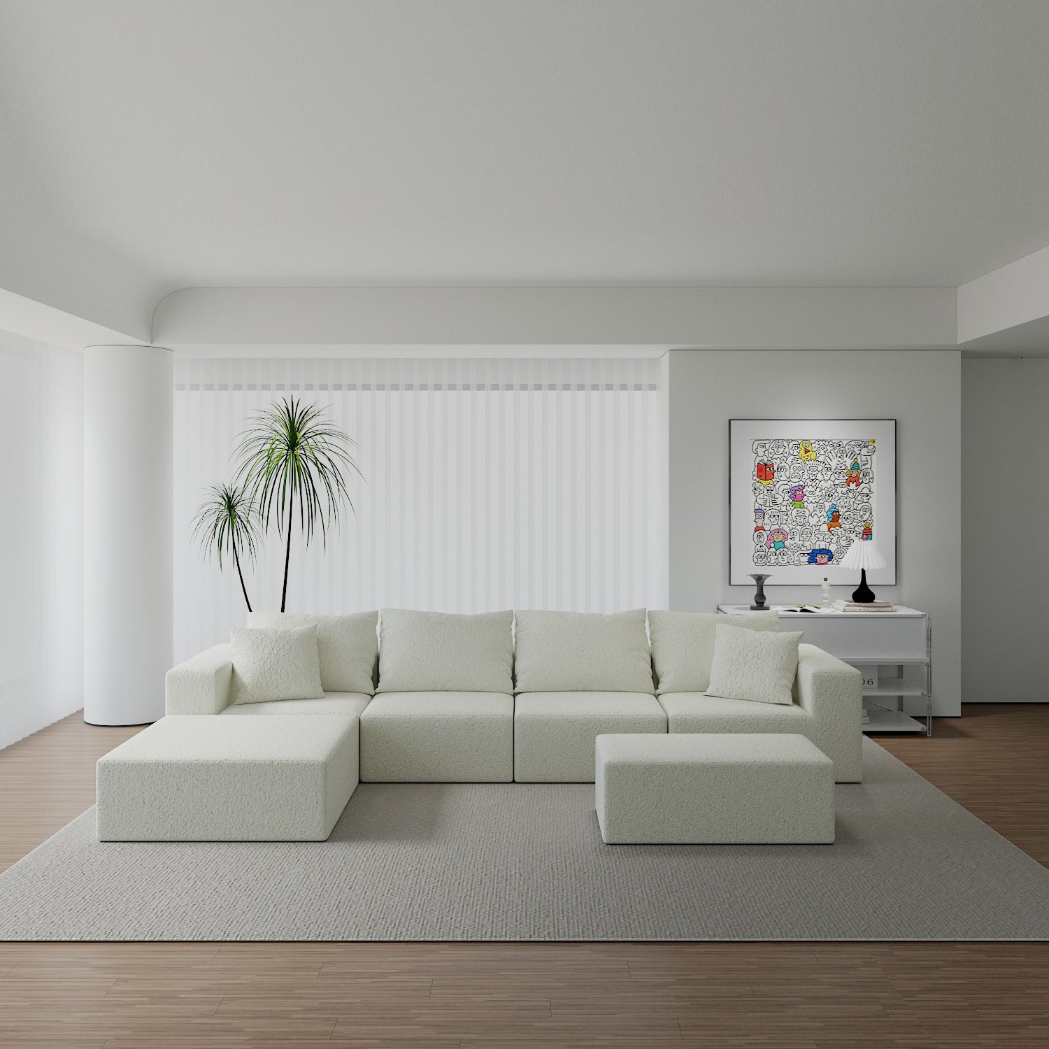 Modular Sectional Sofa Light Beige 4 Seat Cloud Couch Ottoman