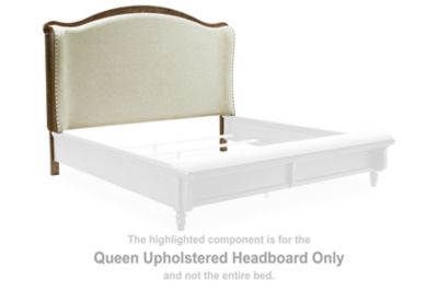 Queen upholstered headboard, beige fabric with brown frame and trim
