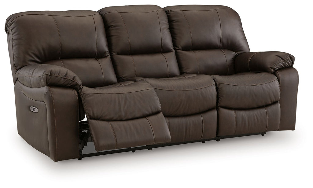 Dark brown reclining sofa with cushioned split-back design and extended footrests
