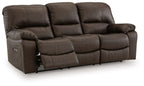 Dark brown reclining sofa with cushioned split-back design and extended footrests
