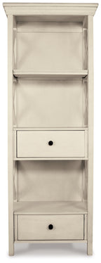 Antique white display cabinet with open compartments and two drawer fronts
