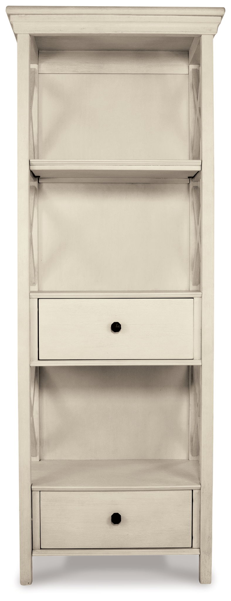 Antique white display cabinet with open compartments and two drawer fronts