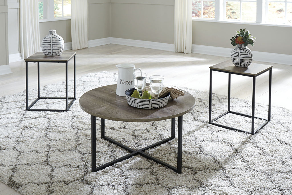 Occasional table set of 3 with round brown tabletops and black metal frames
