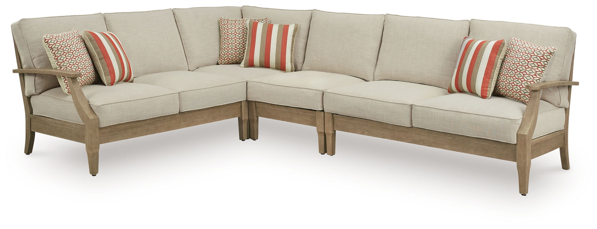 Beige outdoor sectional sofa corner with seat cushions and striped pillows