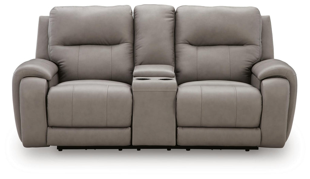 Gray power reclining loveseat with wide back cushions and padded armrests