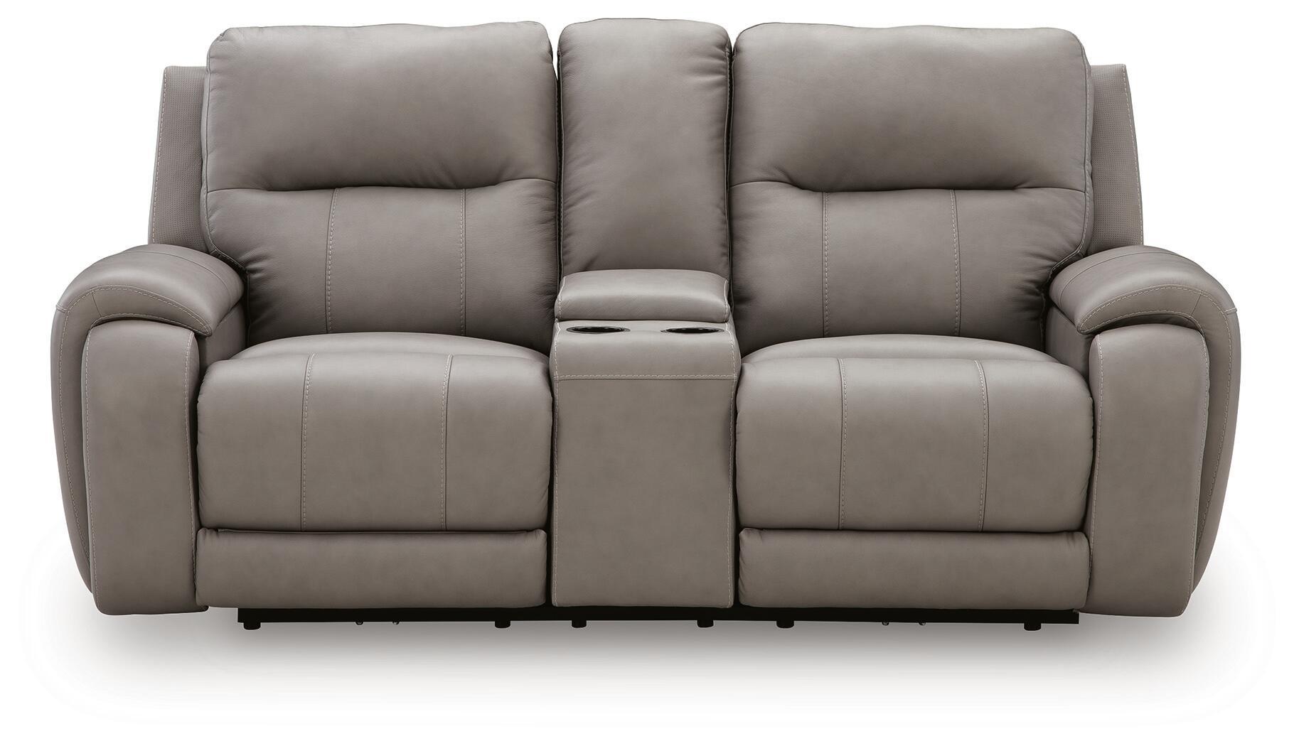 Gray power reclining loveseat with wide back cushions and padded armrests