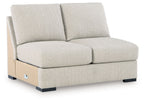 Pebble armless loveseat with two back cushions and squared arms-less design