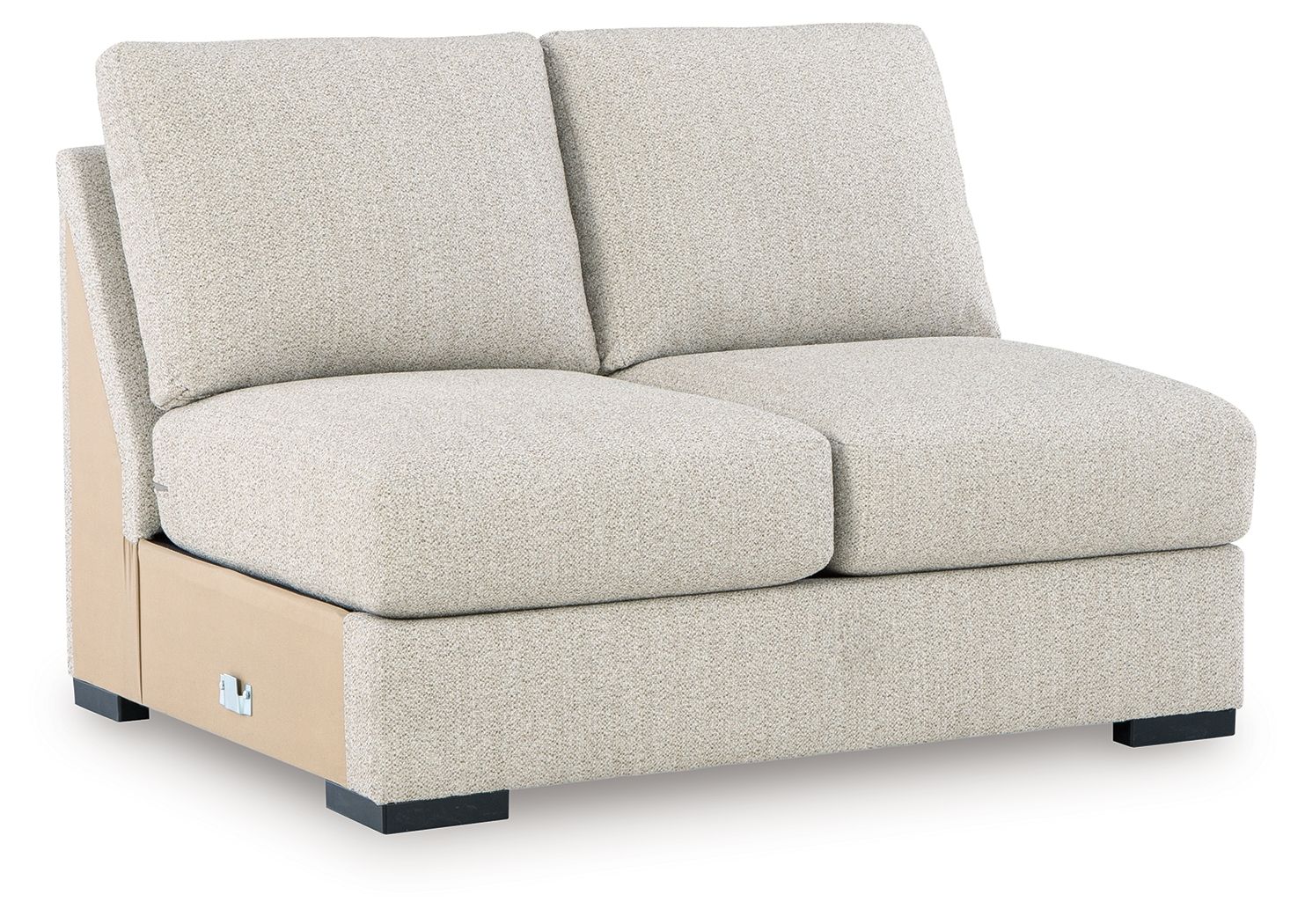 Pebble armless loveseat with two back cushions and squared arms-less design