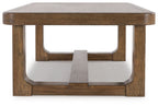 Rectangular light brown wood cocktail table with arched apron opening and lower shelf