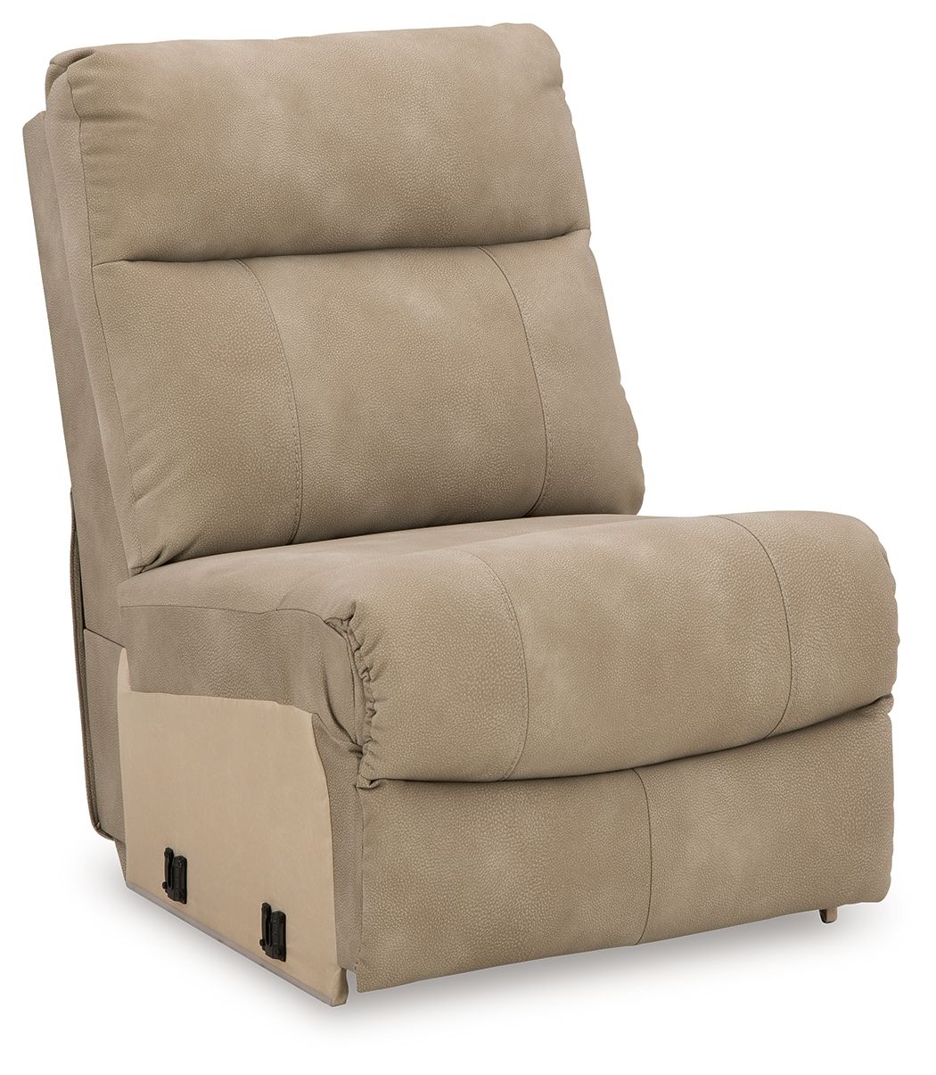 Sand armless chair with padded headrest, side panel, and black latch detail