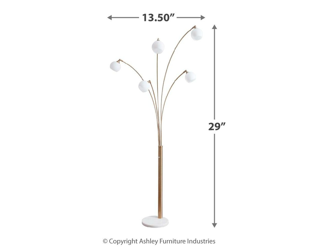 Metal arc lamp with 29 in height and 13.5 in width; champagne and white shades