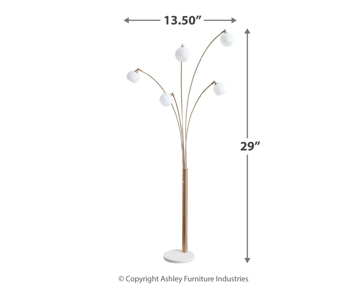 Metal arc lamp with 29 in height and 13.5 in width; champagne and white shades