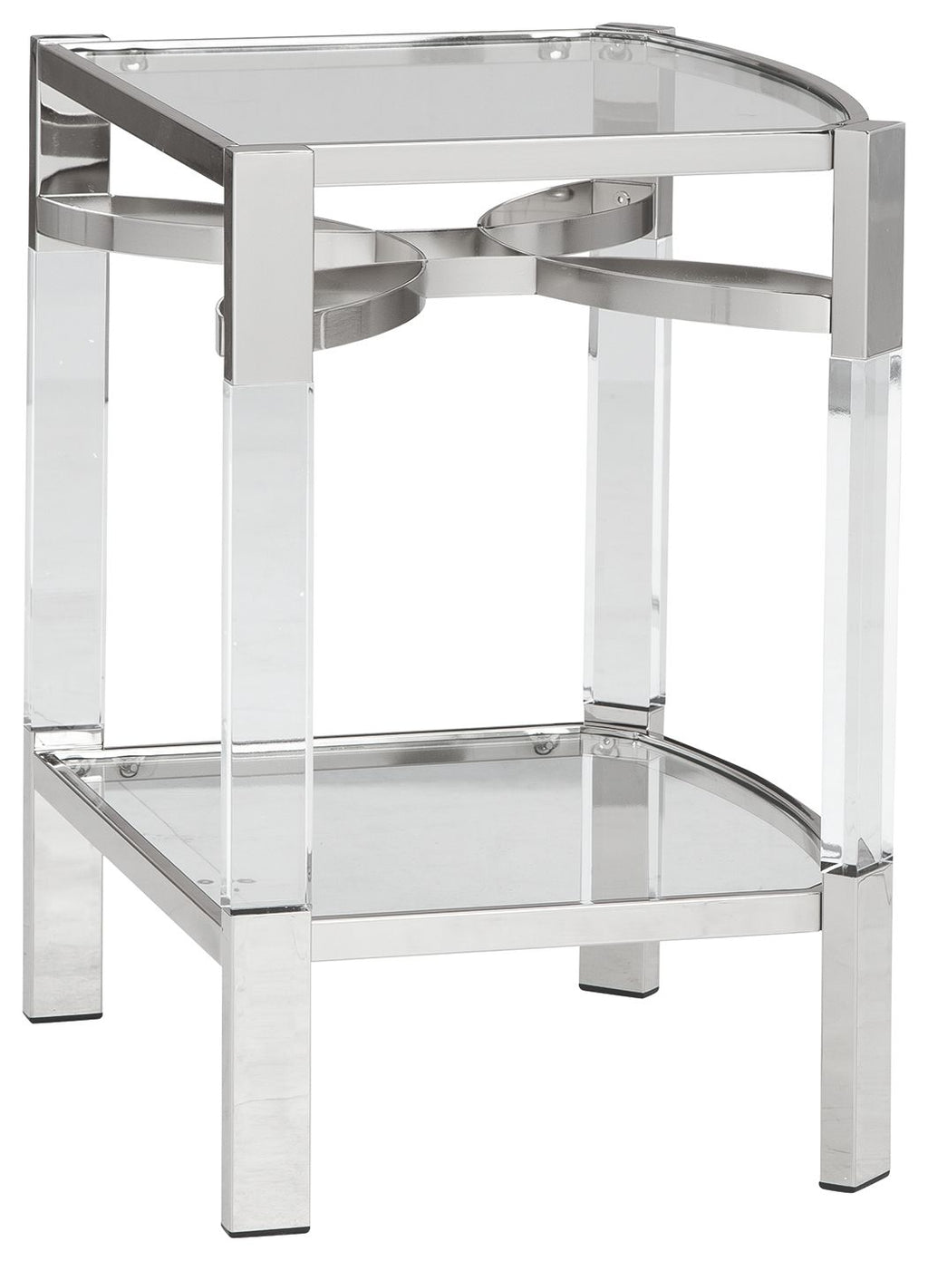 Clear glass accent table with silver frame, double shelves and curved side