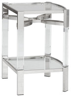 Clear glass accent table with silver frame, double shelves and curved side