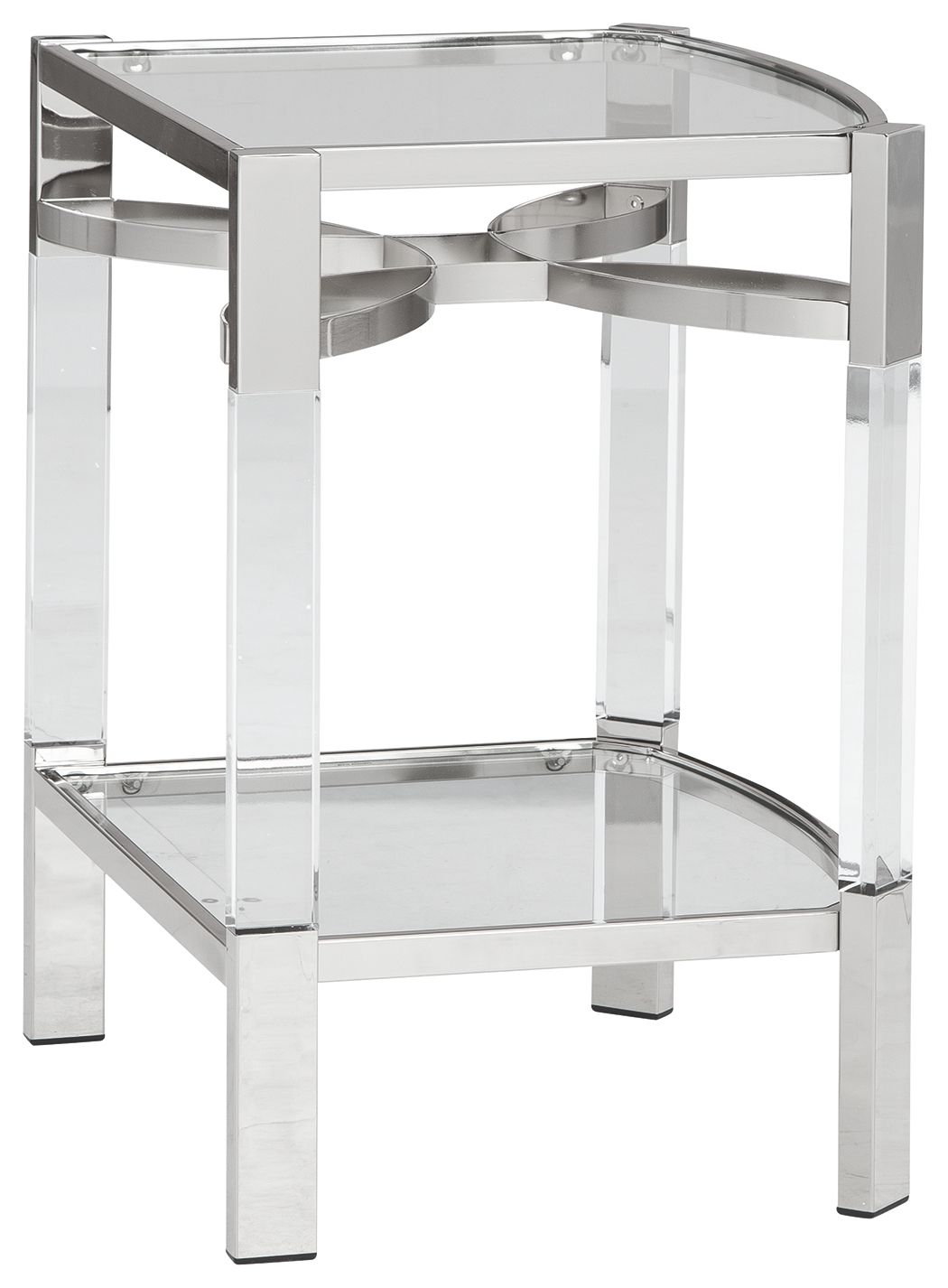 Clear glass accent table with silver frame, double shelves and curved side