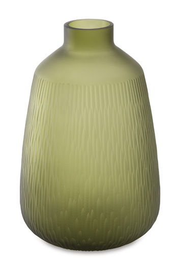 Green glass vase with rounded shoulders, short neck, and vertical ridged texture.