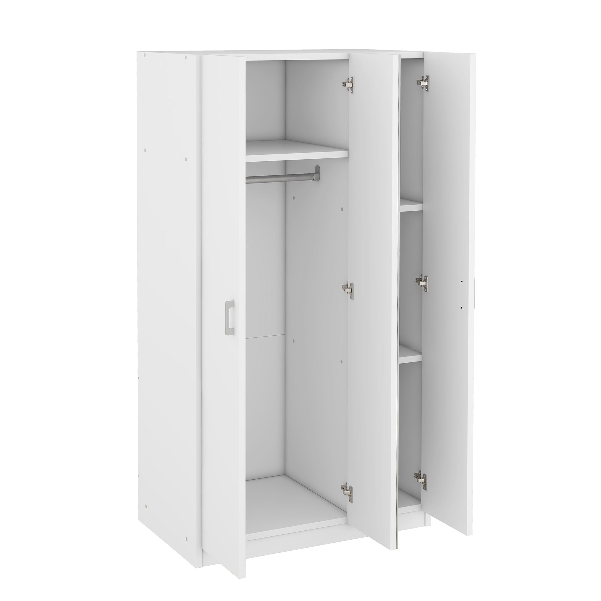 3 Door Wardrobe w/ Mirror, Hanging Rod, White