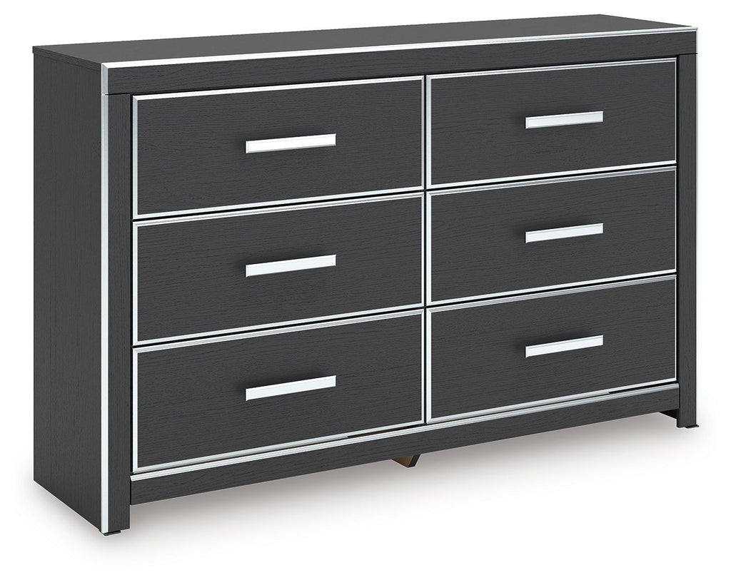 Six-drawer dresser in dark finish with six drawers and silver bar handles.