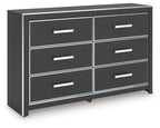 Six-drawer dresser in dark finish with six drawers and silver bar handles.