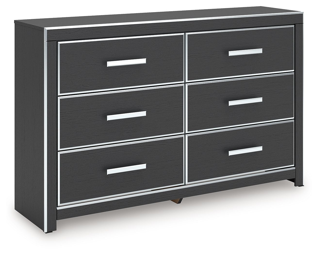 Six-drawer dresser in dark finish with six drawers and silver bar handles.