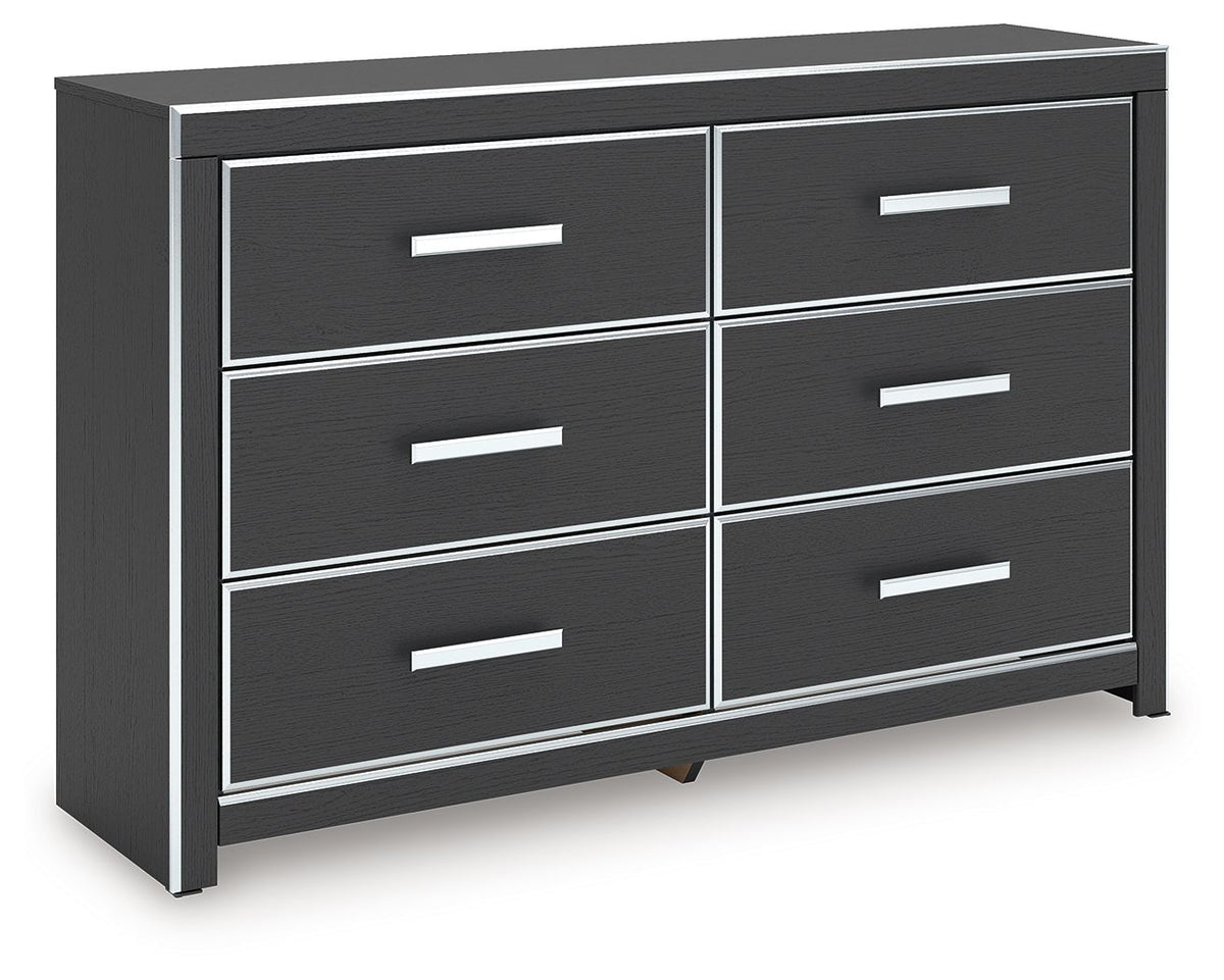 Black bedroom dresser with six drawers and silver bar pulls