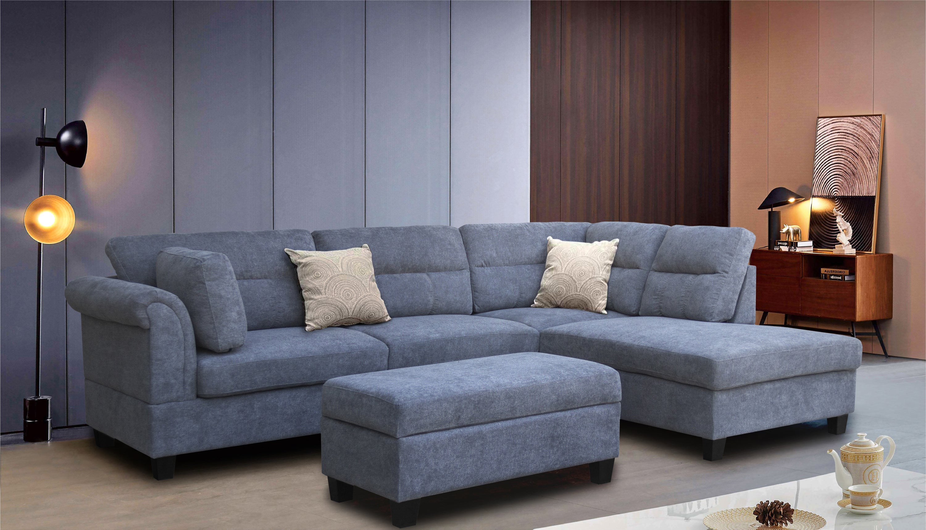 Diego 100" Gray Fabric Sectional Sofa w/ Chaise Storage