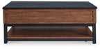 Lift-top cocktail table with dark top, warm brown wood drawer, and black legs.