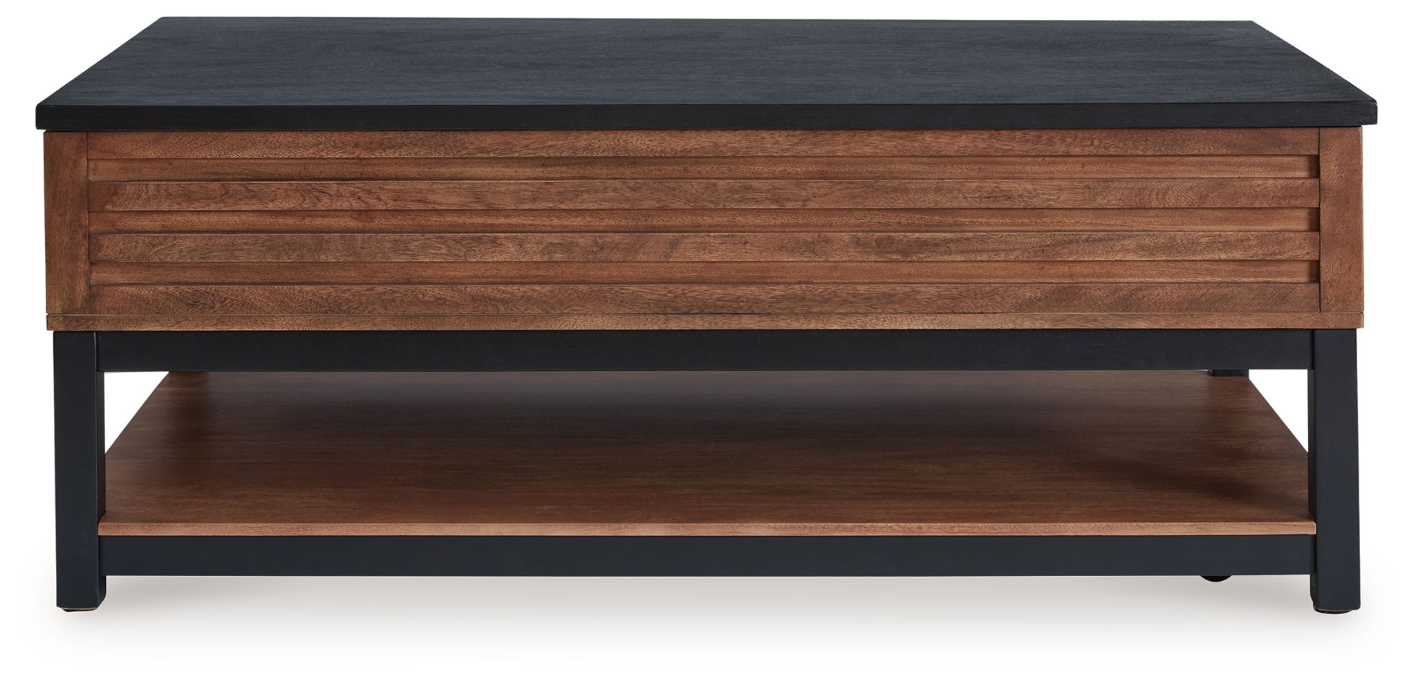 Lift-top cocktail table with dark top, warm brown wood drawer, and black legs.