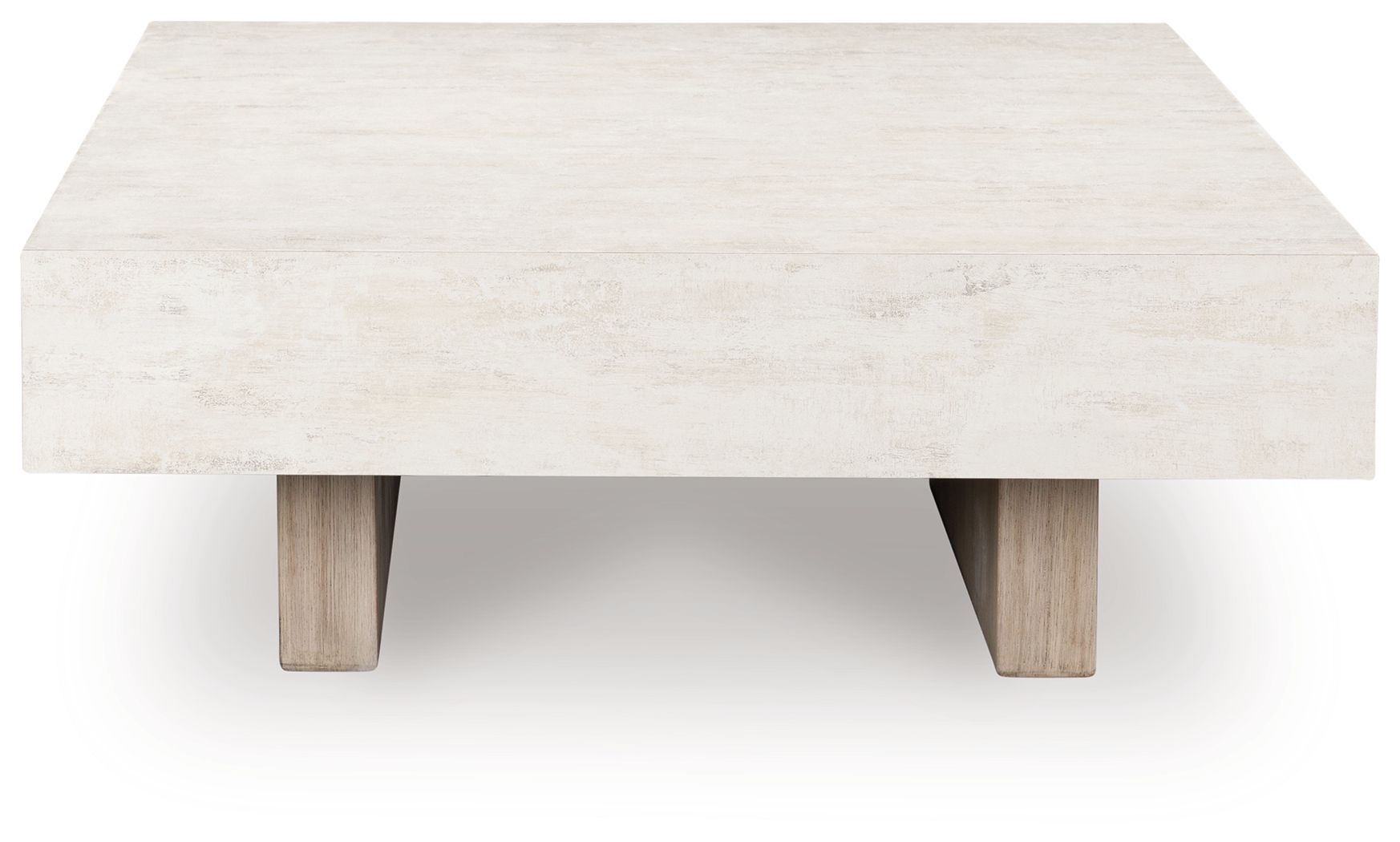 Rectangular table with pale stone top and two visible wood supports