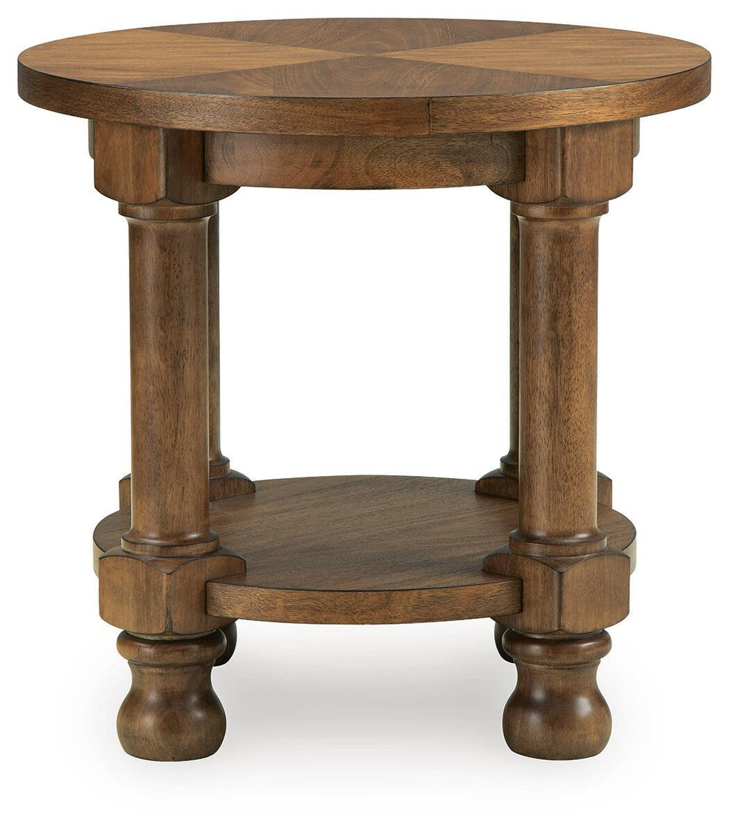 Round light brown wooden side table with lower shelf and turned legs