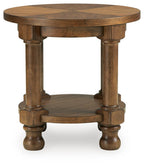 Round light brown wooden side table with lower shelf and turned legs