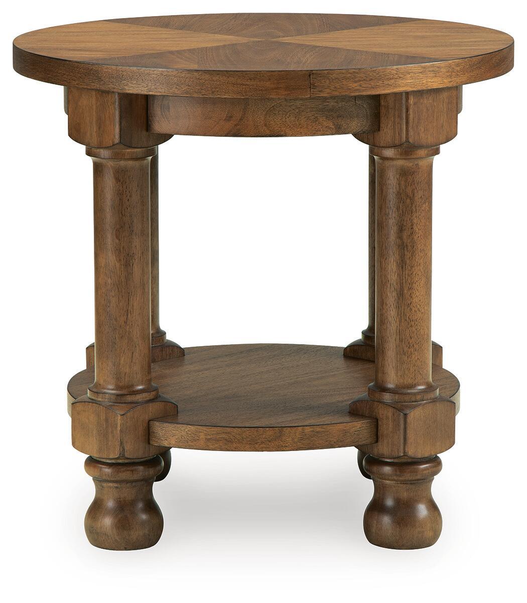 Round light brown wooden side table with lower shelf and turned legs