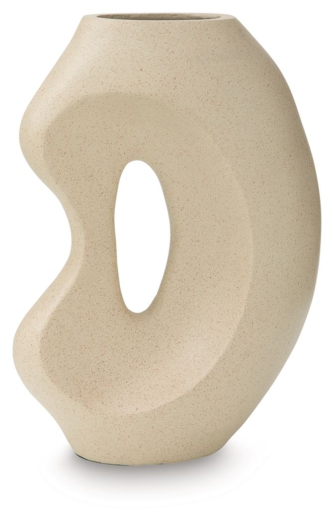 Beige ceramic vase with sculpted waist curve and oval side cutout.
