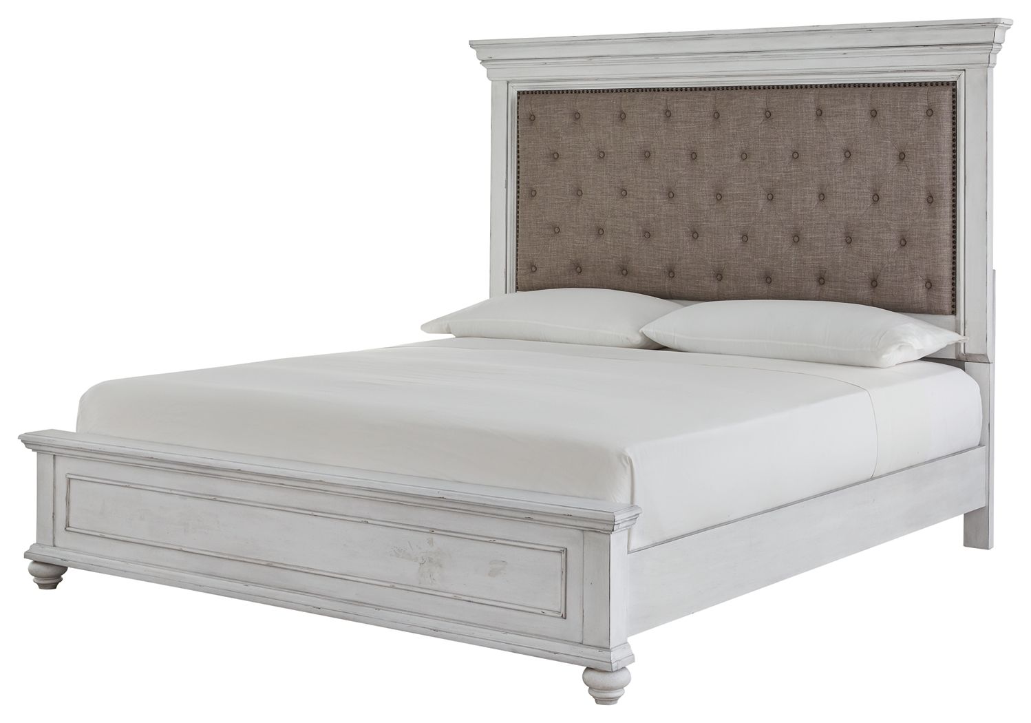 Upholstered panel bed in white with tufted taupe headboard and white mattress frame