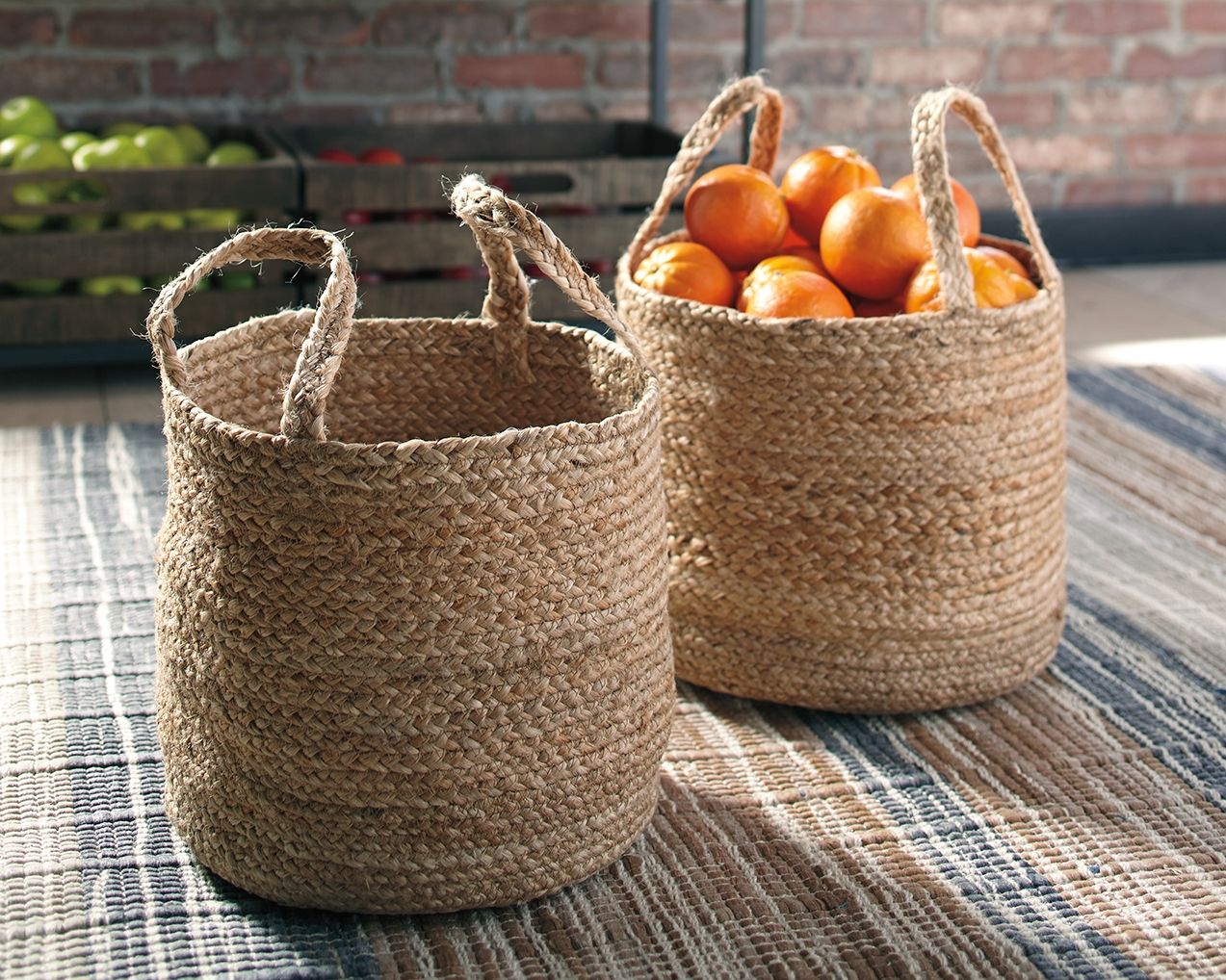 Natural woven basket set of 2 with rope handles, two baskets in tan texture