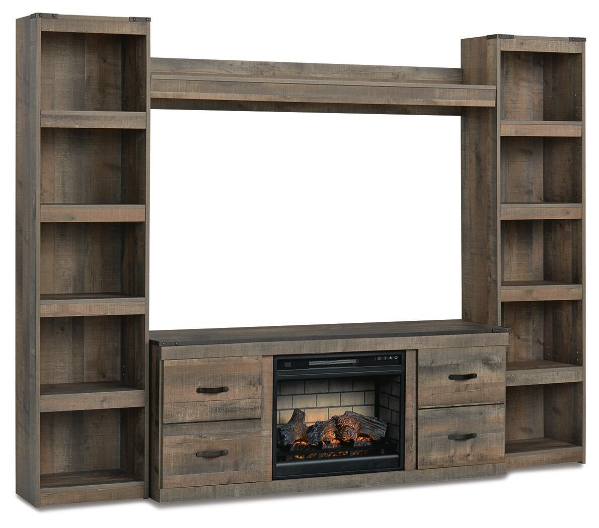 Dark brown entertainment center with faux fireplace insert, open shelves and media drawers