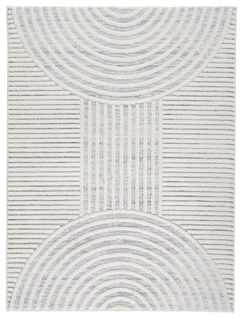 Light gray area rug with concentric arch pattern and striped texture