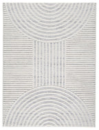 Light gray area rug with concentric arch pattern and striped texture