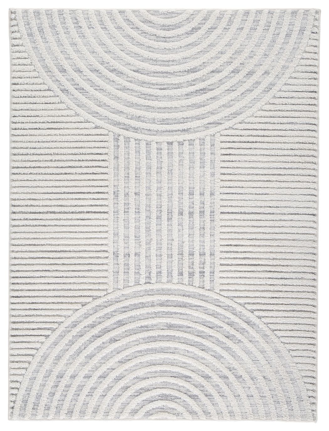 Light gray area rug with concentric arch pattern and striped texture