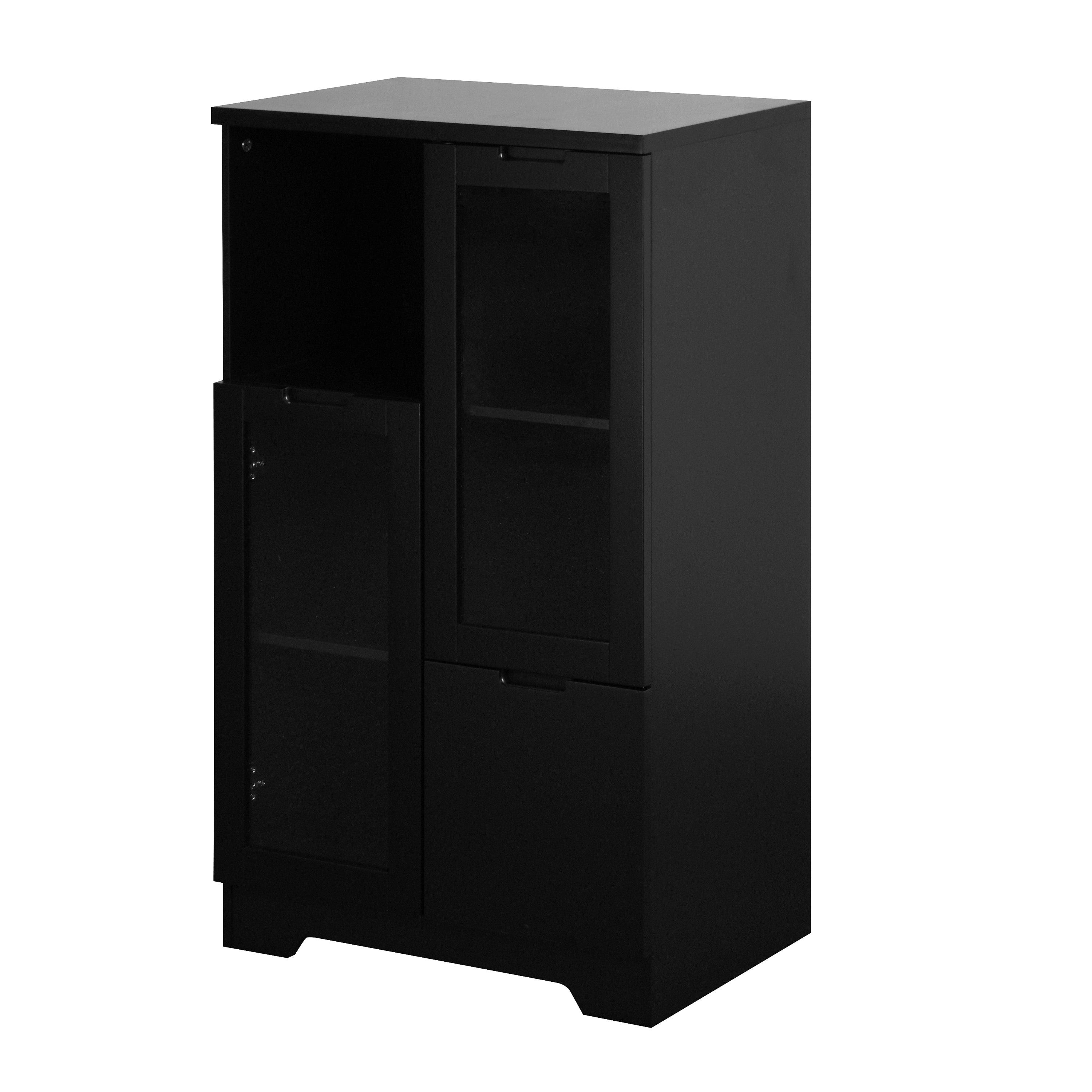 Modern Black MDF Cabinet w/Glass Doors & Drawer Storage