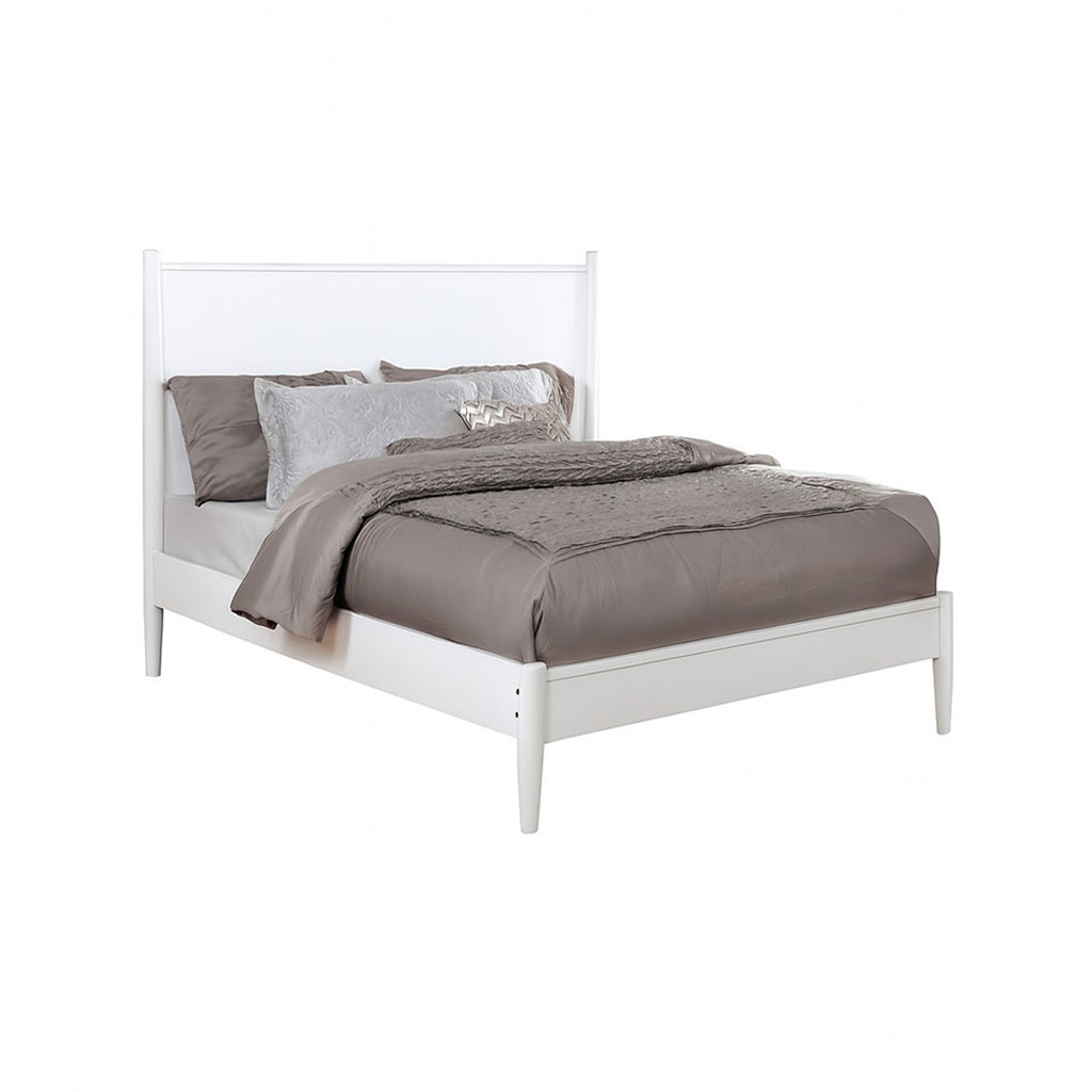 Mid-Century Modern White Queen Size Wooden Platform Bed - White Finish