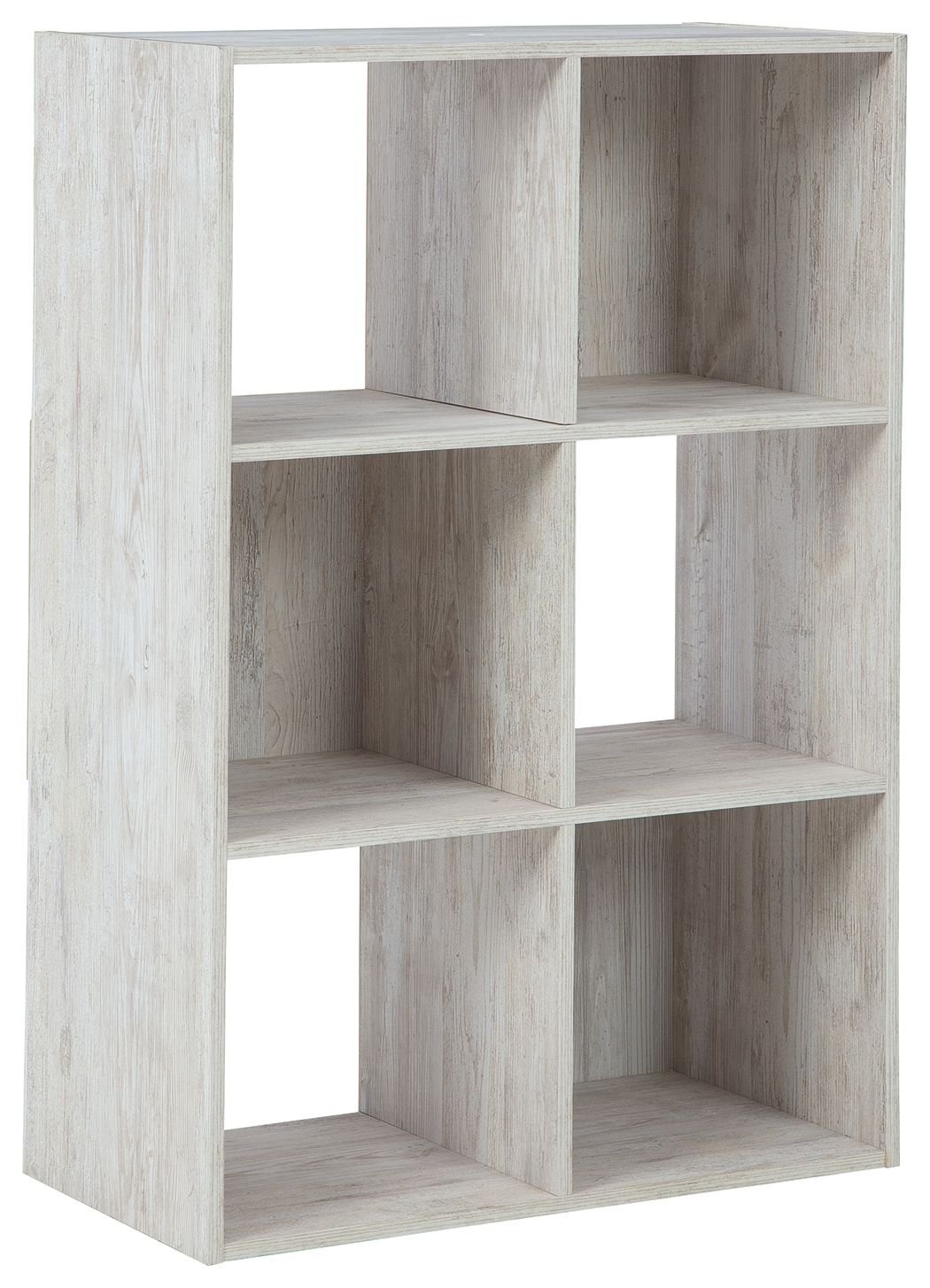 Whitewashed wood cube organizer with open cubbies arranged in rows and columns