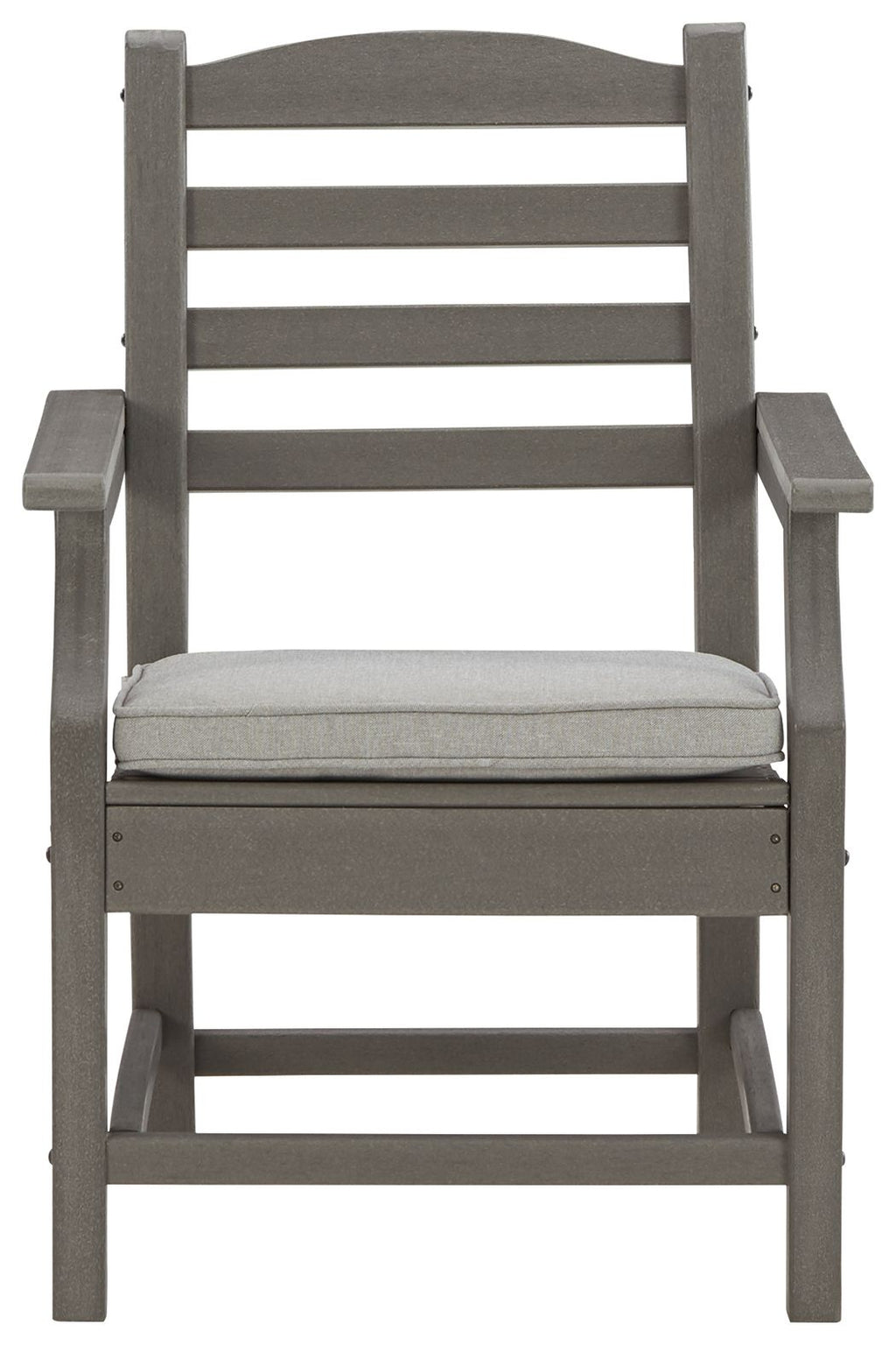 Gray arm chair with cushion, front view, slatted back and padded seat