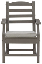 Gray arm chair with cushion, front view, slatted back and padded seat
